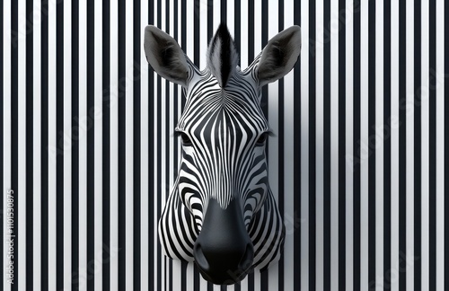 Here's a possible  and keyword list for your stock photo.. Zebra head against black and white striped background. photo