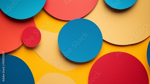 A minimalist abstract design, featuring simple bold colored paper cutouts of circles and lines in primary colors clean lines and vibrant tone pop against neutral background 