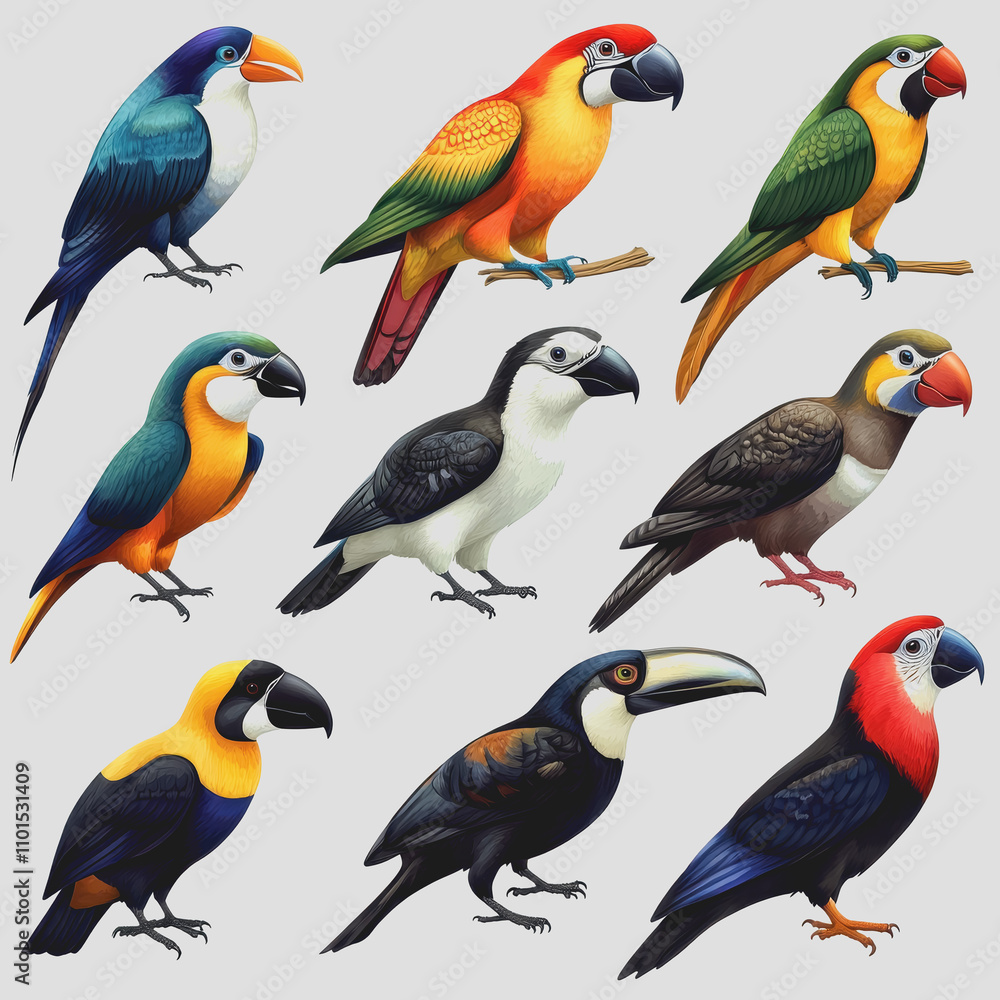 Obraz premium Vibrant Vector Illustrations of Various Tropical Birds Isolated on a White Background for Use in Design Projects and Digital Artwork