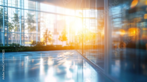 Sunlit Glass Wall with Reflections of a Modern Building and Greenery