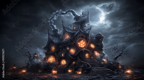 Spooky Halloween Night: 3D Render of a Haunted Mansion Under a Full Moon AI Generated photo