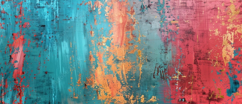 Obraz premium A colorful, abstract painting on canvas with vibrant blue, turquoise, red, and yellow hues, accented with gold. Varied paint strokes create depth and dimension. Weathered appearance adds character.