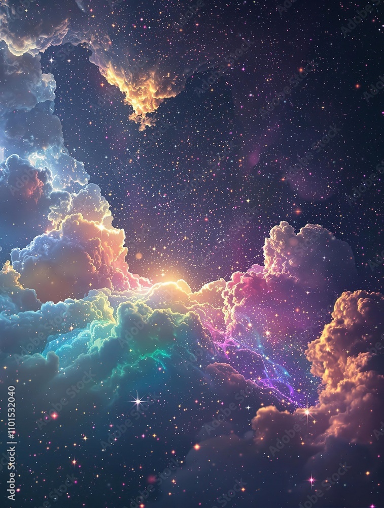 Obraz premium Iridescent rainbow hues and shimmering stardust in a celestial environment, cosmic clouds, abstract space art