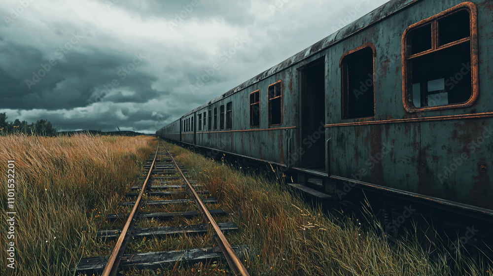 Obraz premium Abandoned train cars on overgrown tracks rural landscape photography moody atmosphere