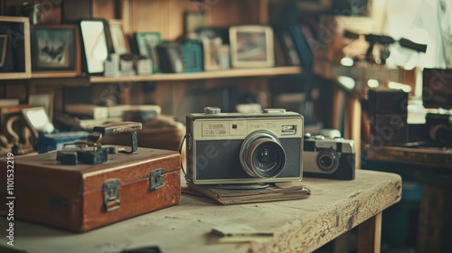 Vintage cameras on a rustic wooden desk photo