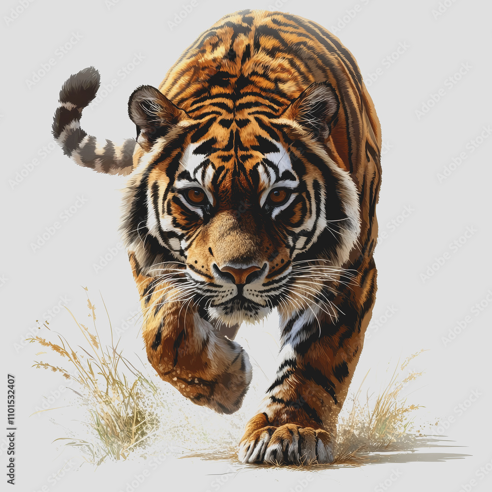 Obraz premium Detailed and Vivid Illustration of a Tiger in a Natural Pose on a White Background, Perfect for Wildlife and Nature-Themed Projects and Designs