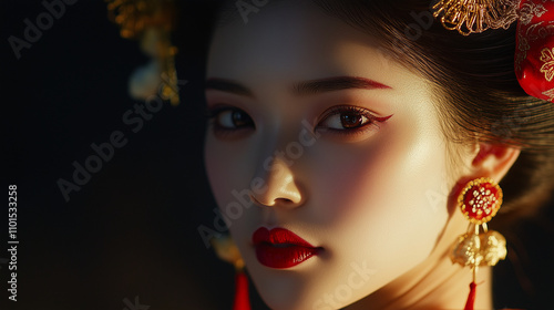 A close-up of a geishaÃÂÃÂÃÂÃÂ¢ÃÂÃÂÃÂÃÂÃÂÃÂÃÂÃÂs ornate earrings, catching the light as she tilts her head slightly, showing her poised demeanor photo