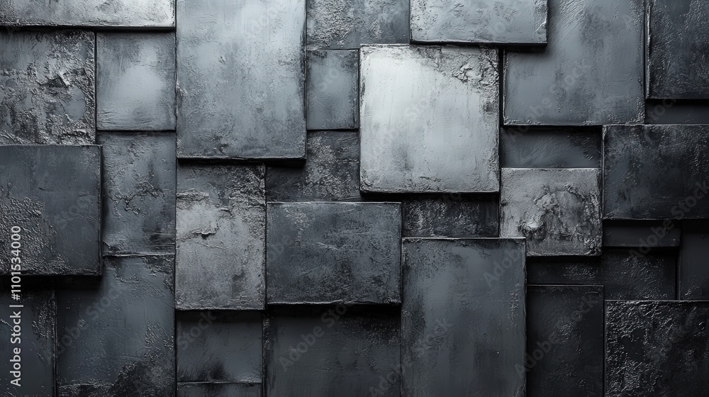 A textured wall composed of various dark, metallic panels arranged in a geometric pattern. A textured wall composed of various dark, metallic panels arranged in a geometric pattern.