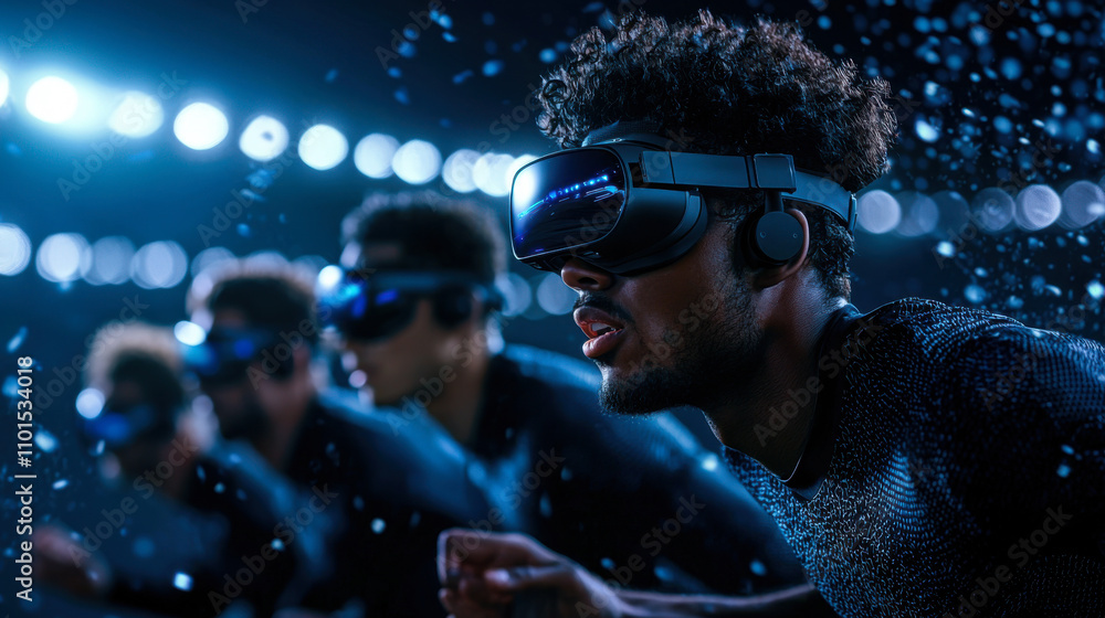 Futuristic virtual sports event with athletes in VR headsets Futuristic virtual sports event with athletes in VR headsets