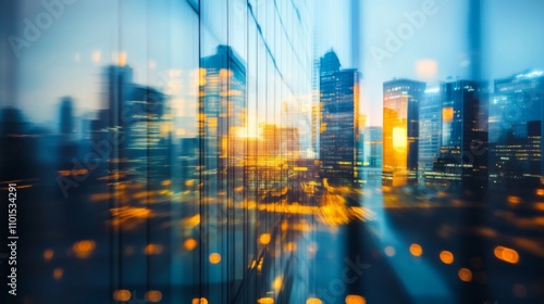 Cityscape Reflected in a Glass Building at Dusk photo