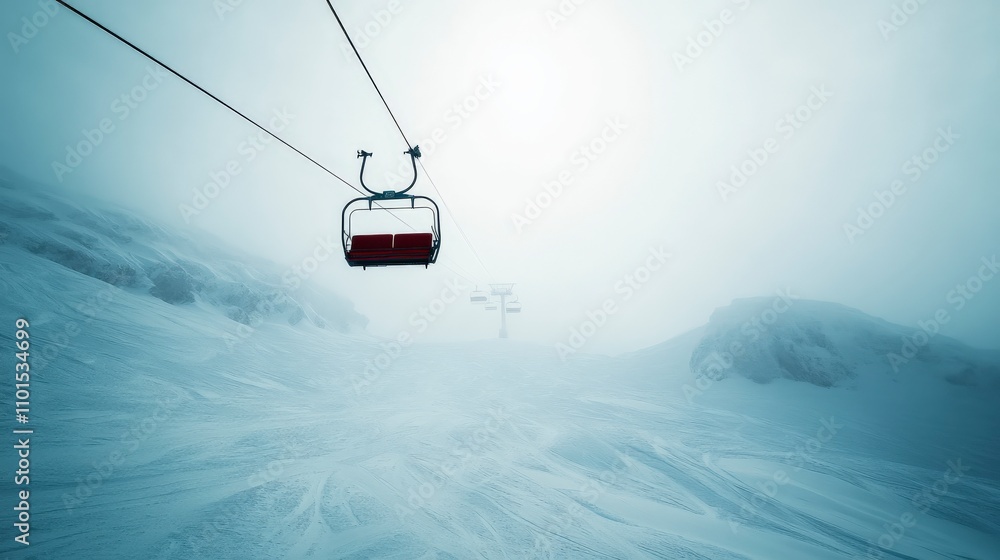 Misty Ski Resort Scene with Empty Chairlift on a Snowy Mountain in the Background Capturing the Essence of Winter Adventure and Outdoor Sports in a Serene Landscape Misty Ski Resort Scene with Empty Chairlift on a Snowy Mountain in the Background Capturing the Essence of Winter Adventure and Outdoor Sports in a Serene Landscape
