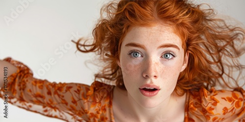 emotional red-haired girl holds her hands near her head on isolated light background