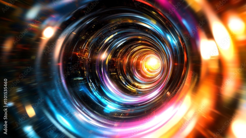 Obraz premium Abstract swirling neon light tunnel with glowing center