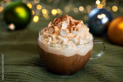 Vászonkép Cup of coffee with whipped cream and marshmallows on holiday christmas background