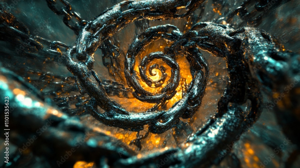 A swirling metallic chain tunnel with a glowing center A swirling metallic chain tunnel with a glowing center
