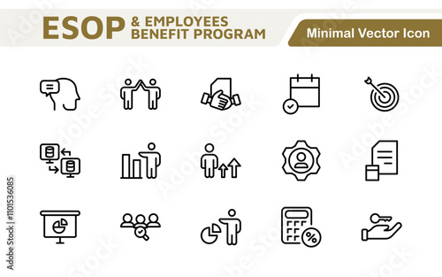 Outline icons about ESOP employee stock ownership plan. Contains such icons as company, win-win, scheme and benefits.