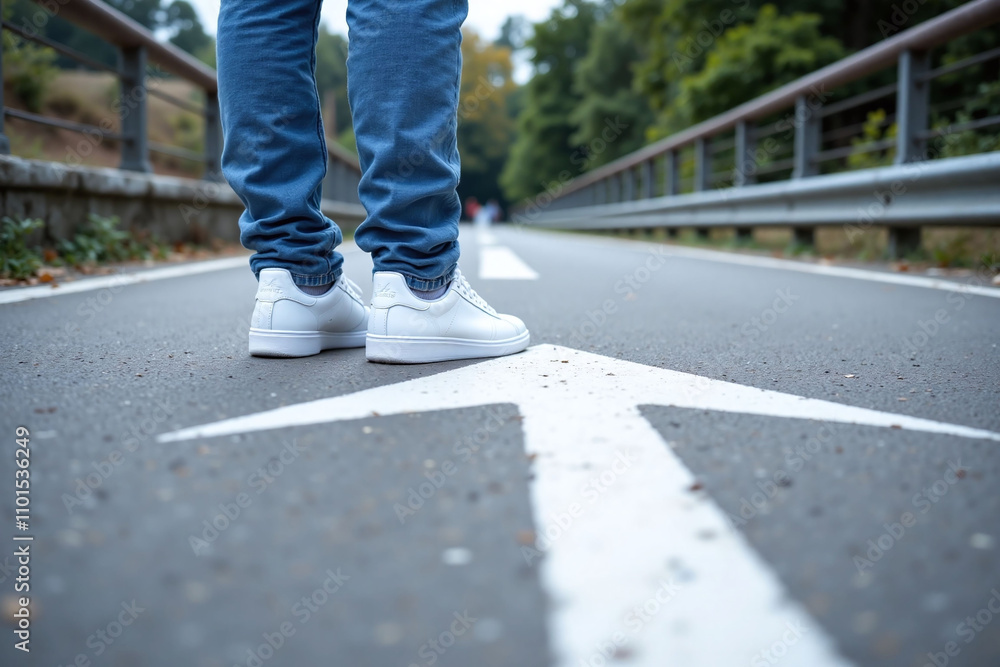 Person's feet in white sneakers on paved surface Person's feet in white sneakers on paved surface