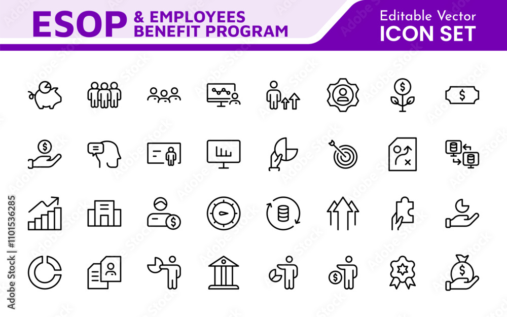 Outline icons about ESOP employee stock ownership plan. Contains such icons as company, win-win, scheme and benefits. Outline icons about ESOP employee stock ownership plan. Contains such icons as company, win-win, scheme and benefits.