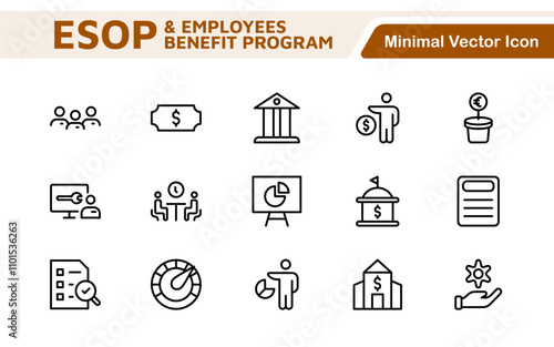 Outline icons about ESOP employee stock ownership plan. Contains such icons as company, win-win, scheme and benefits.