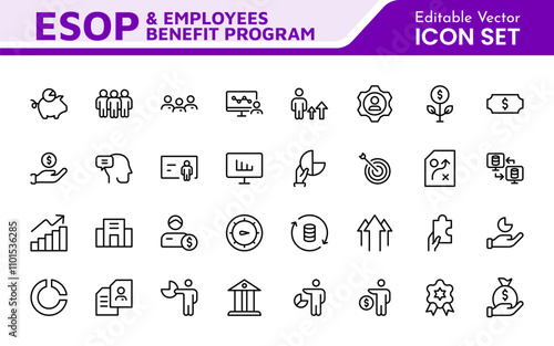 Outline icons about ESOP employee stock ownership plan. Contains such icons as company, win-win, scheme and benefits.