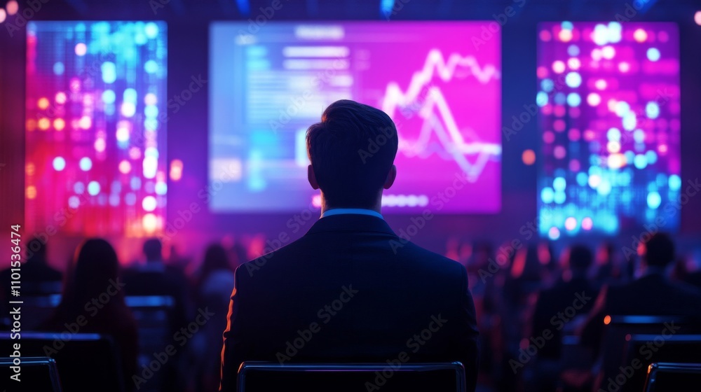 Man in Suit Facing a Screen with a Stock Chart and a Blurred Audience