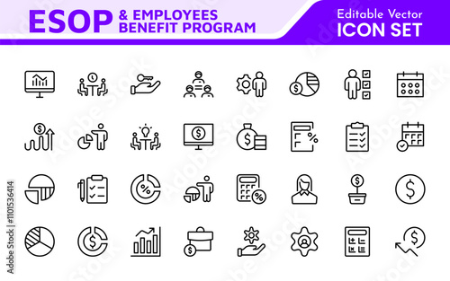 Outline icons about ESOP employee stock ownership plan. Contains such icons as company, win-win, scheme and benefits.