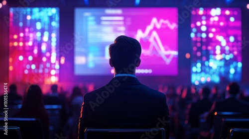 Obraz na płótnie Man in Suit Facing a Screen with a Stock Chart and a Blurred Audience w salonie