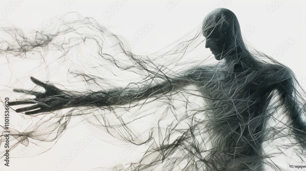 Fototapeta premium A conceptual image of a human figure depicted in abstract lines, extending an arm into the void. The ethereal textures suggest movement and a fusion with the environment, creating a surreal atmosphere