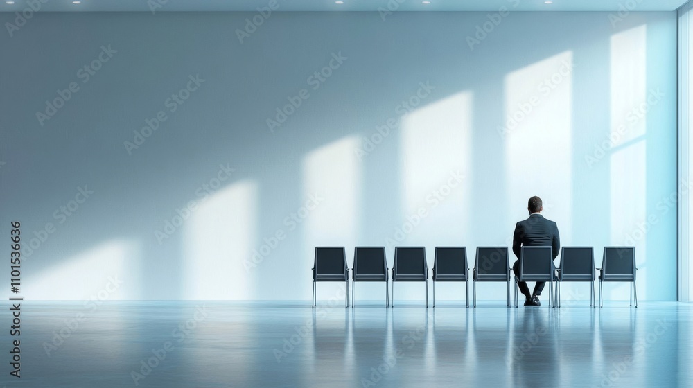A lone businessman sits in a waiting room with empty chairs. A lone businessman sits in a waiting room with empty chairs.