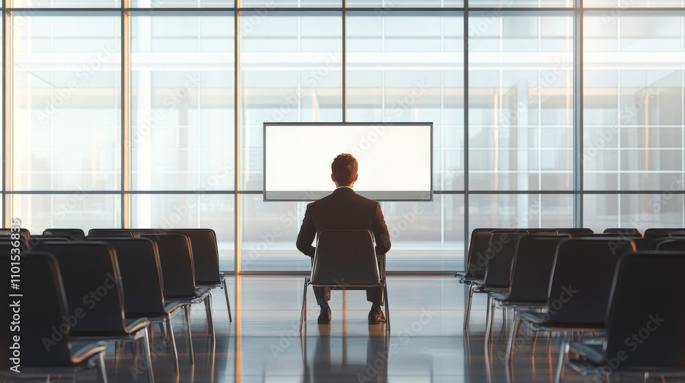 A Man in a Suit Sitting in Front of a Blank Screen in a Modern Office A Man in a Suit Sitting in Front of a Blank Screen in a Modern Office