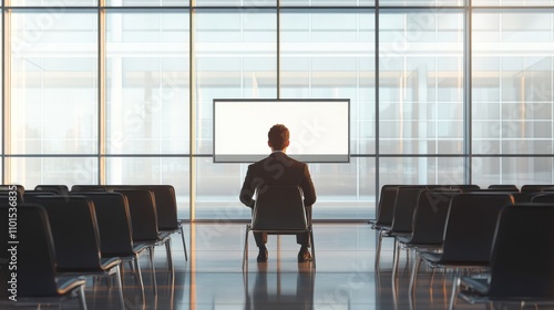 A Man in a Suit Sitting in Front of a Blank Screen in a Modern Office