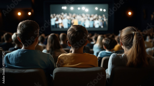 Audience of children sitting in a cinema watching a movie, with a focus on the screen. The theater is dimly lit, creating a cozy atmosphere.