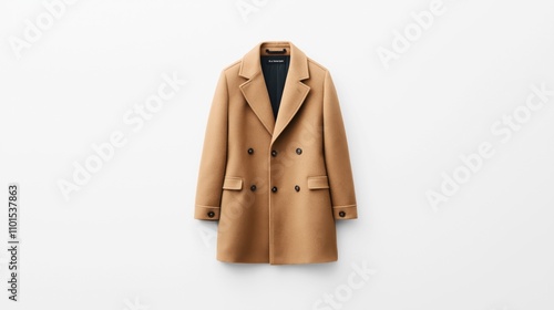 Double-breasted camel coat with black buttons and notch lapels on a plain white background, showcasing elegant outerwear design. photo