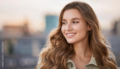  young woman with long, wavy hair smiles softly against blurred city background