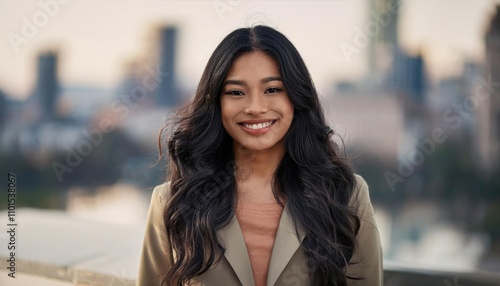  young woman with long, wavy hair smiles softly against blurred city background