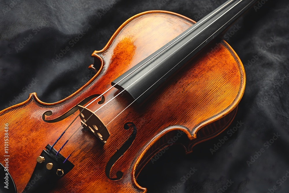 Fototapeta premium Close-up view of a classic violin resting on a dark fabric background, showcasing its rich wood grain and exquisite craftsmanship.