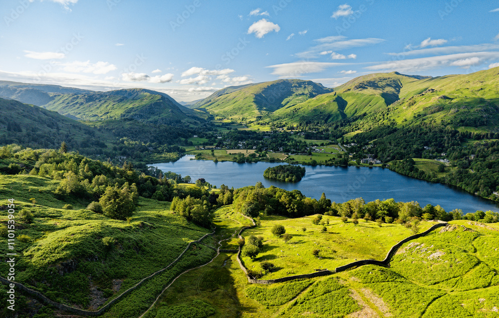 Grasmere lake and valley, Lake District National Park, England. North from above High Close toward Helm Crag, Dunmail Raise, Seat Sandal and Fairfield