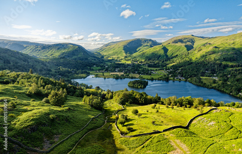 Obraz na płótnie Grasmere lake and valley, Lake District National Park, England. North from above High Close toward Helm Crag, Dunmail Raise, Seat Sandal and Fairfield w salonie