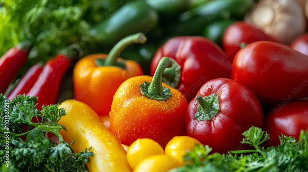 Fresh assorted bell peppers and vegetables with water droplets Fresh assorted bell peppers and vegetables with water droplets