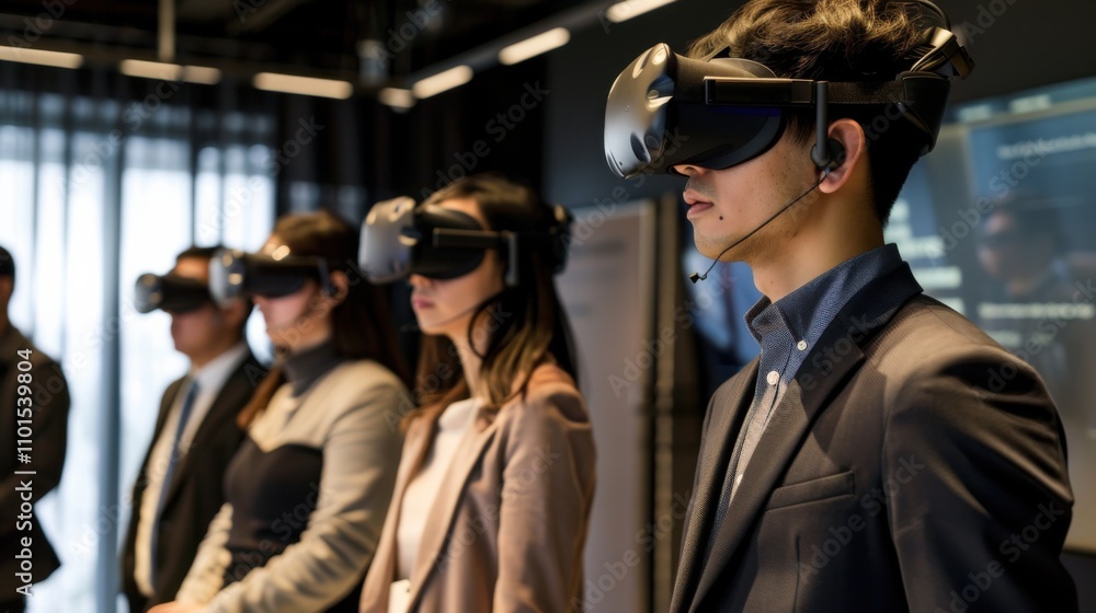A virtual reality (VR) business simulation with executives experiencing immersive training scenarios, strategic decision-making, and virtual business environments in a cutting-edge VR lab A virtual reality (VR) business simulation with executives experiencing immersive training scenarios, strategic decision-making, and virtual business environments in a cutting-edge VR lab