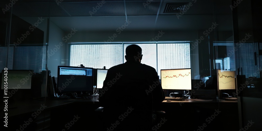 Person analyzing market data on a trading terminal in a dimly lit office. Person analyzing market data on a trading terminal in a dimly lit office.