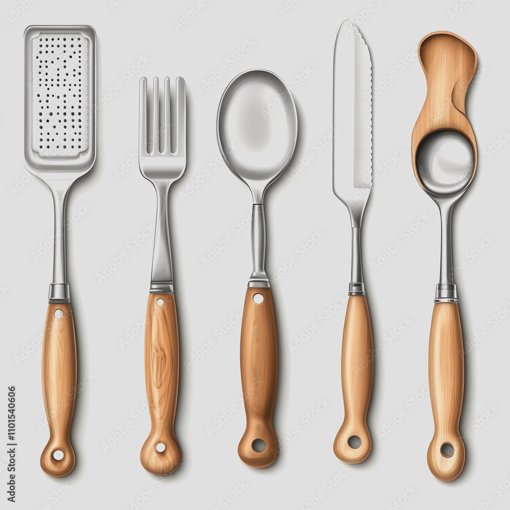 Isolated Kitchen Tools Set on White Background Featuring Grater, Fork, Spoon, Knife, and Server for Culinary Arts and Food Preparation Use in Home or Professional Kitchens Isolated Kitchen Tools Set on White Background Featuring Grater, Fork, Spoon, Knife, and Server for Culinary Arts and Food Preparation Use in Home or Professional Kitchens