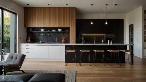 Wallpaper Mural Here's a description and keywords for the image.. Modern kitchen with island, wood accents, and sleek design. Torontodigital.ca