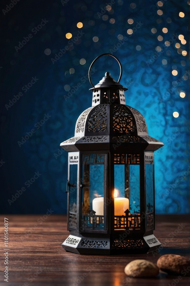 Black lantern with reflection from blue background for the Muslim feast of the holy month of Ramadan Kareem. Black lantern with reflection from blue background for the Muslim feast of the holy month of Ramadan Kareem.