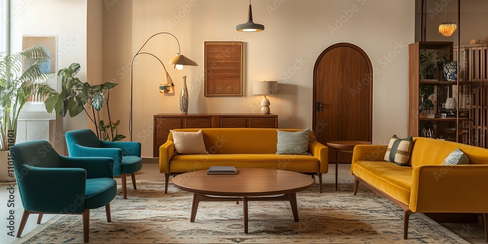 Fototapeta premium ヴィンテージモダンな暖かいインテリアのリビングルーム | Warm Vintage Modern Living Room