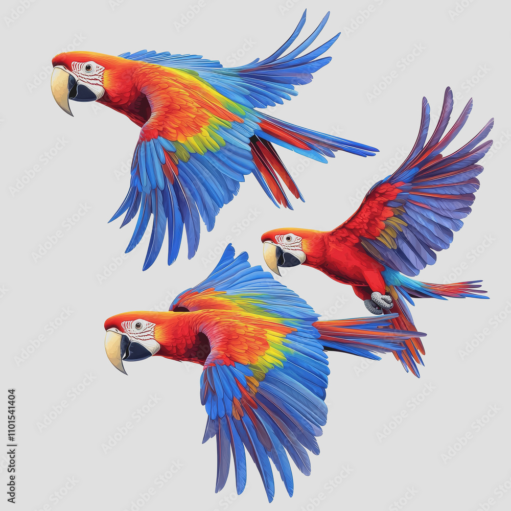 Fototapeta premium Vibrant Macaws in Flight: Vivid Tropical Birds Soaring Against a Clean White Background for Use in Design and Decoration