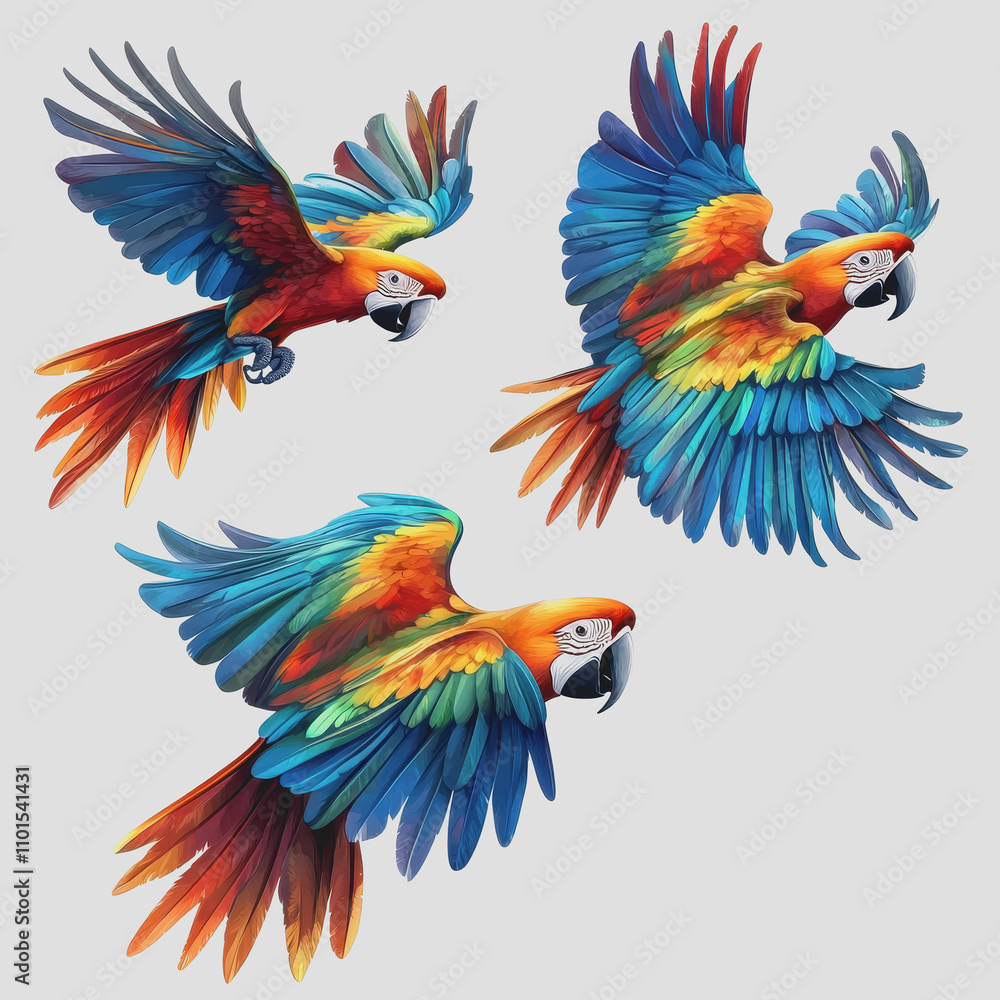 Obraz premium Stunning Vector Art of Vibrant Macaws in Flight, Set Against a Clean White Background, Showcasing Their Colorful Feathers and Graceful Movement