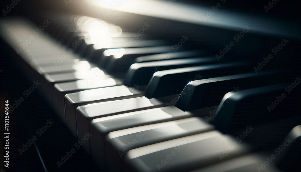 Atmospheric close-up of piano keys with sunlight illuminating their smooth, reflective surface Atmospheric close-up of piano keys with sunlight illuminating their smooth, reflective surface