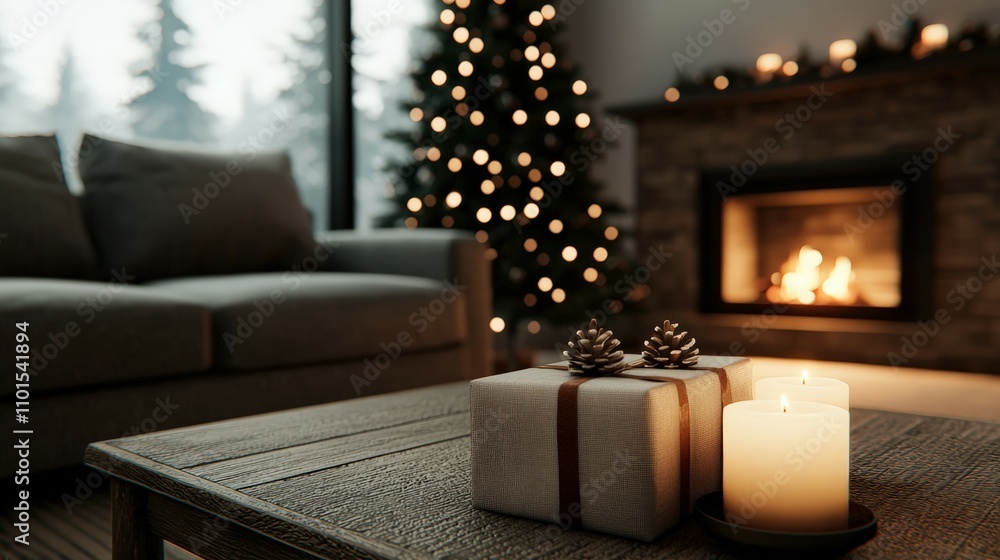 Cozy Holiday Living Room with Christmas Tree, Gifts, Candles, and Warm Fireplace Glow Cozy Holiday Living Room with Christmas Tree, Gifts, Candles, and Warm Fireplace Glow