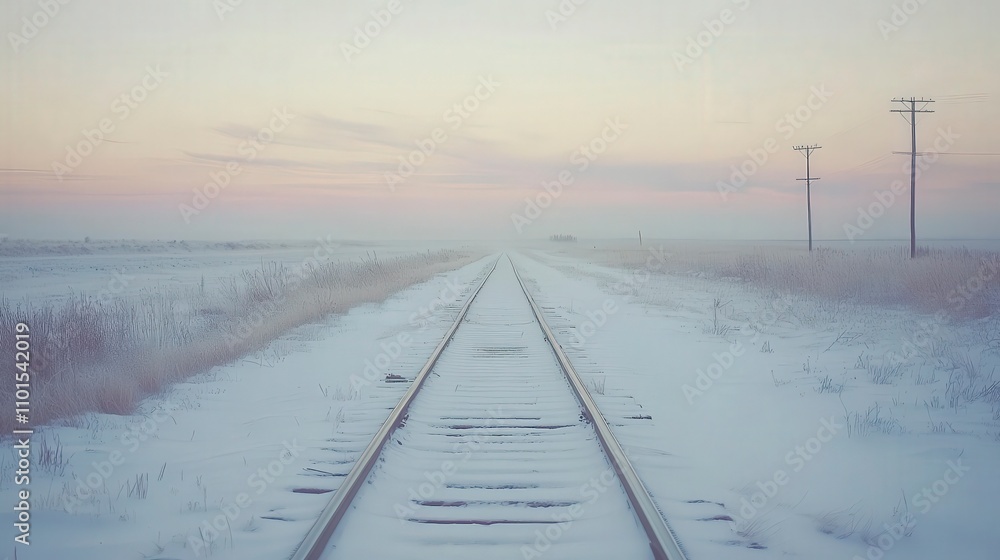 Tranquil Winter Landscape with Snow-Covered Railway Tracks Leading into a Softly Colored Horizon Amid Foggy Atmosphere and Barren Fields Tranquil Winter Landscape with Snow-Covered Railway Tracks Leading into a Softly Colored Horizon Amid Foggy Atmosphere and Barren Fields